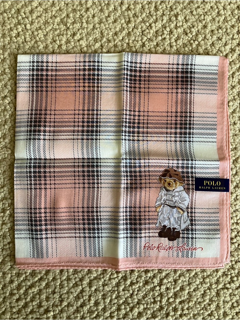 New Polo Ralph Lauren Bear Cotton Handkerchief Scarf Pocket Square Plaid Pink
